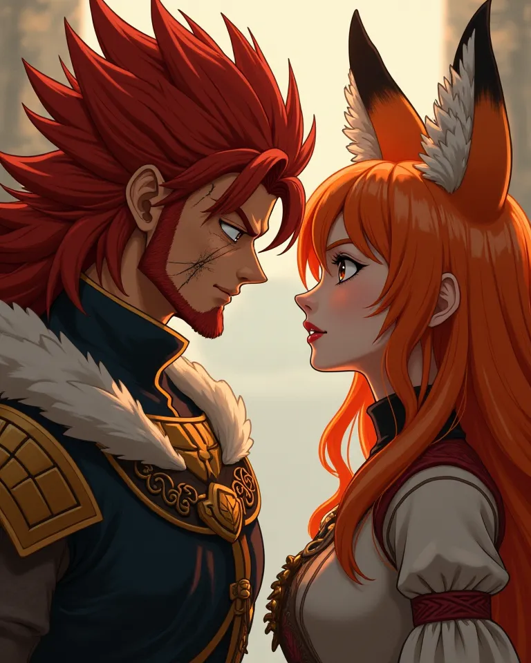 Casal de Sayjins, a man with red hair, scar across the face,  take a serious look. and an orange-haired woman, Both have fox tails,brown eyes, medieval clothes, anime style. 