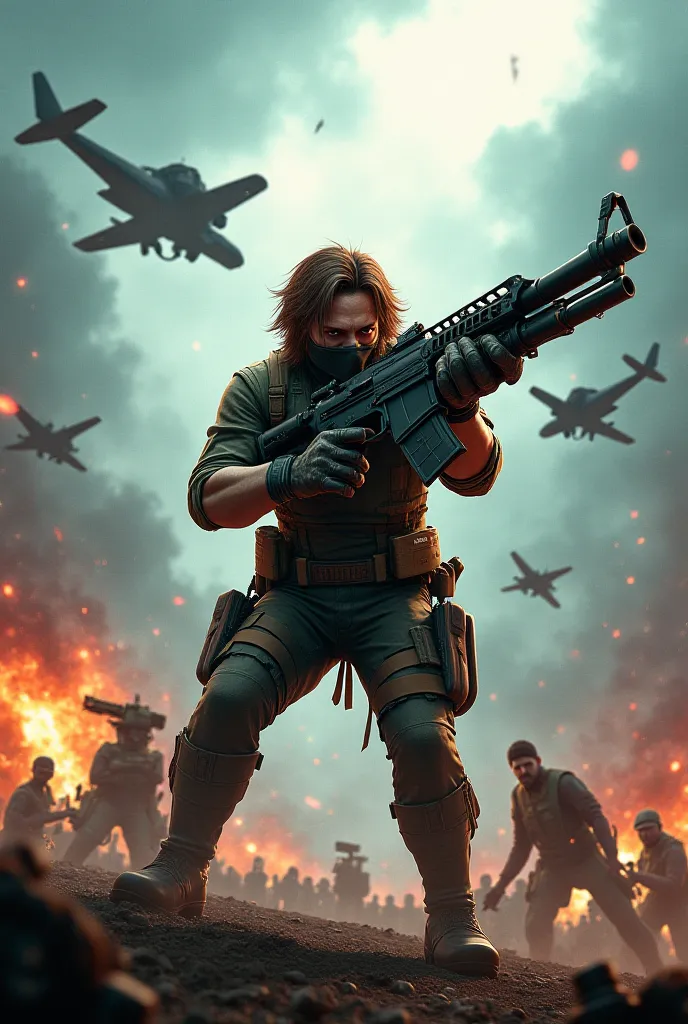 Animation of A fighter with brown hair and masks on. Carrying a big gun. There are many aircraft, tanks. Zombies, excavator, storms 