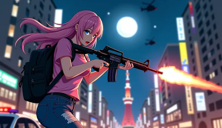 Detailed quality photo 、 The background is the Roppongi intersection in Tokyo.、The Tokyo Tower in the center of the background.、beautiful night sky with stars、Extra large full Moon、Many LIVING DEAD will attack the protagonist.、The protagonist is a beautifu...