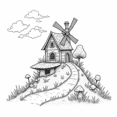 Create a high-detail, black-and-white fantasy coloring book illustration in a fantasy style. The illustration should feature a tiny mill on the top of a  mushroom hill. white background . Ensure fine, intricate linework, with open spaces for adult coloring...