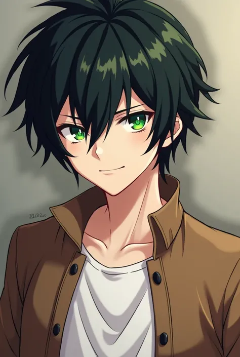 *"Close-up portrait of a male anime character with a striking design. He has slightly disheveled black hair with loose locks,  giving him a youthful and rebellious air . His eyes are bright green with a subtle supernatural glow,  transmitting intensity and...