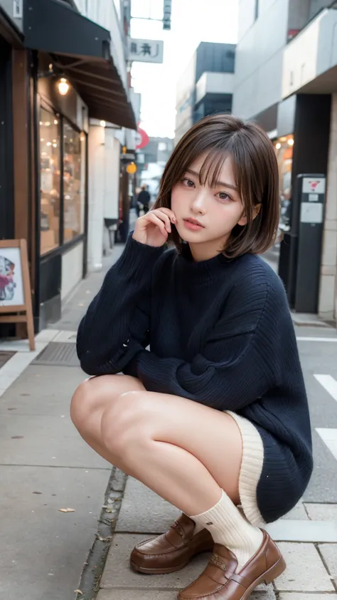  Photos taken by a professional photographer ， woman crouching on the sidewalk with her legs crossed wearing a random colored sweater, kiko mizuhara,  wearing a sweater , Shirahime、Brown hair cut,  wearing a sweater , young and cute girl with her dad, Japa...