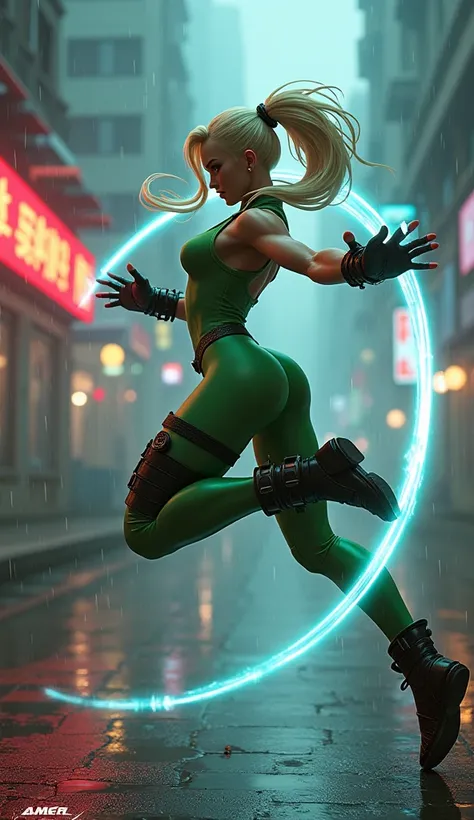 "Cammy White from Street Fighter, a fit and agile British special forces operative, wearing only her iconic green leotard and combat boots. She is in a dynamic fighting pose, mid-air, executing a Spiral Arrow attack with a trail of energy behind her. The b...