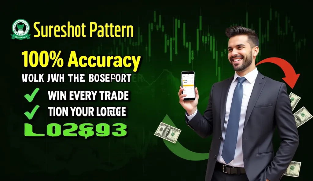 
"A digital promotional banner for an online trading platform. The image features a confident businessman in a suit, holding a smartphone displaying a trading app with a high balance. The background consists of green financial charts and stock market indic...