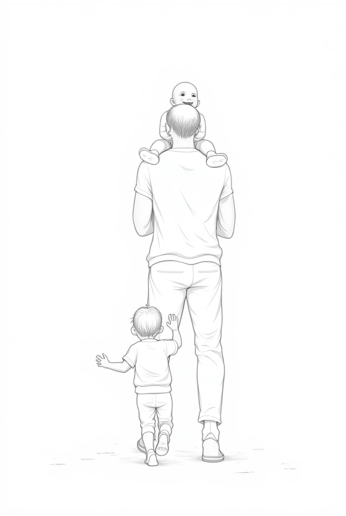 a black and white drawing in fine line style of a man with a happy baby on his shoulders and another  by the hand, seen from behind