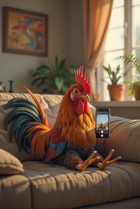 A rooster Sitting on a sofa Peno on a phone videos Drento in your house Smooth movements