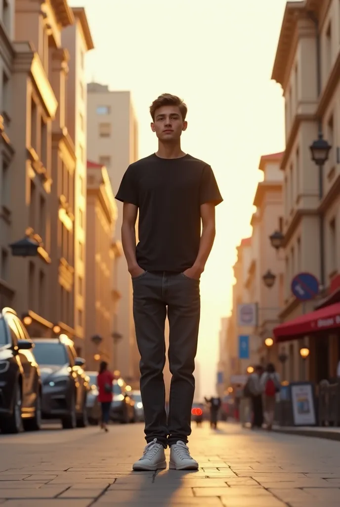 Make an image of a real-looking 25-year-old standing on his back in a beautiful city wearing a black t-shirt and jeans