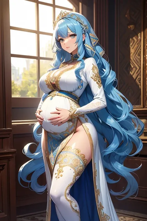 8k, masterpiece, very realistic, Full body, Sexy pregnant goddess, very slim waist, big thighs, elaborate detailed ornate tight beautiful sparkling white dress, (long wavy flowing blue hair), elaborate detailed patterned leggings, bright, (pregnant 1.2), b...