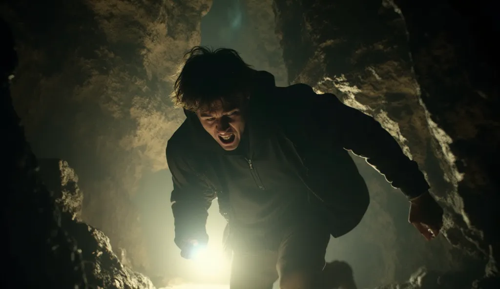 Cinematic still shot, medium shot, slightly low angle. The journalist is mid-sprint through the cave, his flashlight swinging wildly, casting fragmented shadows. The passage twists unnaturally, the walls seeming to press in. His expression is of sheer pani...