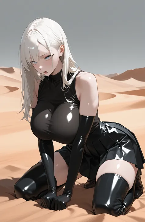 1 woman, ((solo)), {adult woman}, {blue eyes}, {white hair}, {bangs}, {long (loose hair)}, {big breasts}, {minimalistic design:1.8}, {black clothes:2.0}, {leather clothes:1.5}, {shiny clothes:1.2}, {skintight clothes:1.8}, {sleek body:1.8}, {smooth fabric:...