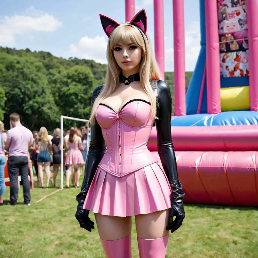  young girl,  slim, blonde hair, Latex Pink Pleated Skirt ,  straight long hair , small breasts,  zopf , cat ears, masterpiece , Anatomically correct , UHD, Super detailed, further away ,  Latex pink overknees, latex pink arm warmers long ,  latex pink und...