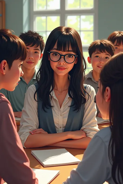 I want a drawing of a group of students around their teacher: the teacher has long black hair she wears bangs and glasses is white 