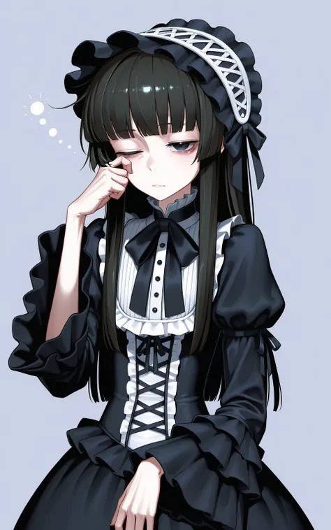 cool beauty, solo woman, black hair, [emaciated:1.3], sleepy, rest, lolita fashion, simple background, geometric,