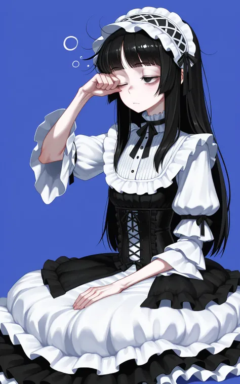 cool beauty, solo woman, black hair, [emaciated:1.3], sleepy, rest, lolita fashion, simple background, geometric,