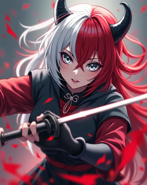 1 girl with white and red hair and silver eyes from demon slayer manga style she is 20 years old 

She has a boy with black hair, black horns on his head and blue eyes — he's 20. 
They're both fighting with a sword 