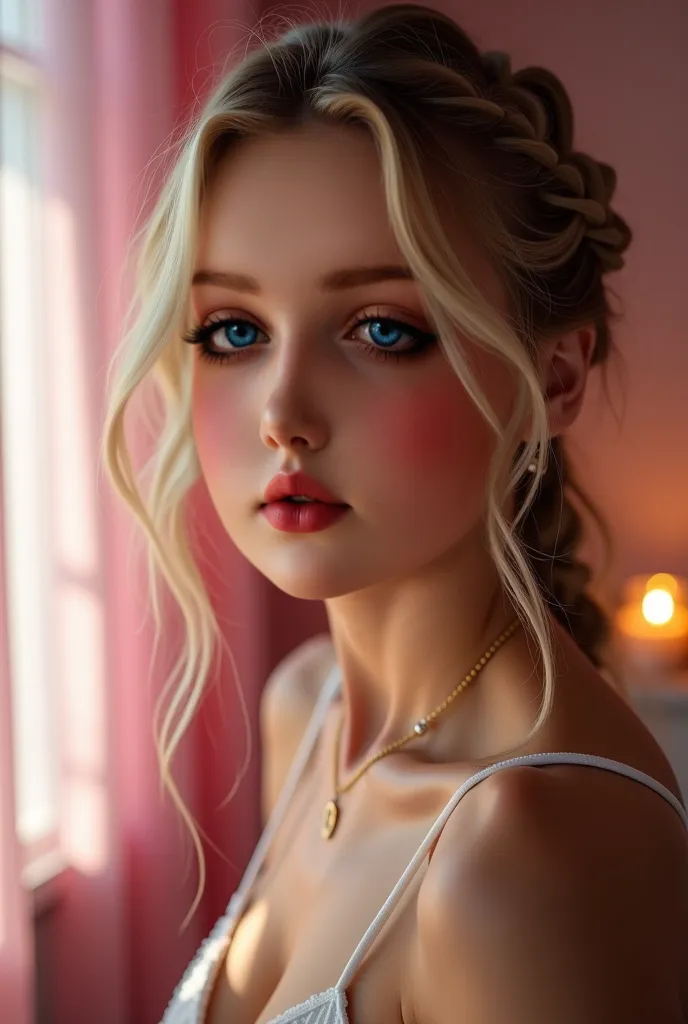 1 girl,  فتاة Beautifulة عمرها 18 عامًا , braids, Beautiful face, amazing, Beautiful, Beautiful, Beautiful face,  pale skin , portions,  blonde hair ,  blue eyes,  full and shiny lips,  Big lips,   thick lips ,   Half open lips   ,   light pink lip gloss  ...