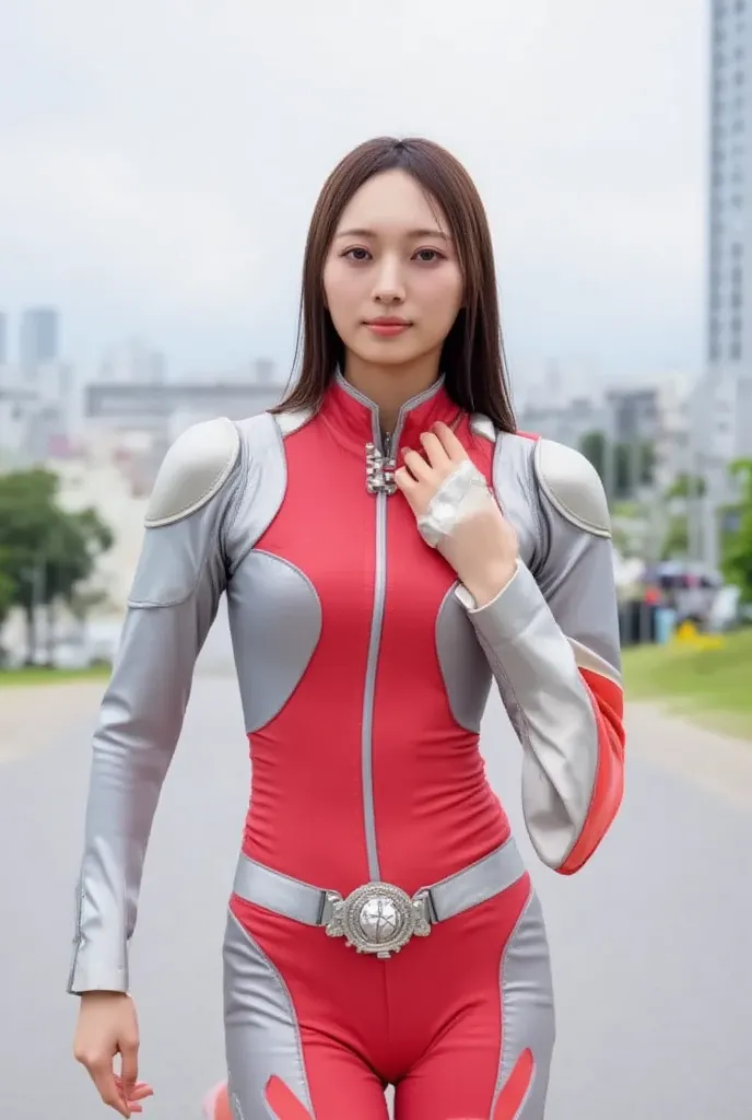   Front View from Below 、(赤のUltramanスーツ)、:18 points、big breasts、 medium hair、Ultraman、Genuine、Genuineistic、cinematic lighting、girl in a shiny red and silver suit、、Professional Photos、don't expose my skin、Japanese models、Japanese CGI、Ultramanスーツ、、 Power Ran...