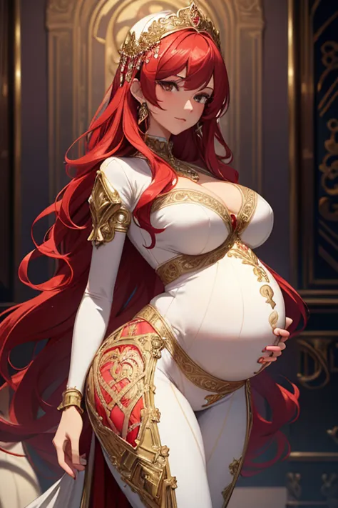 8k, masterpiece, very realistic, Full body, Sexy pregnant goddess, very slim waist, big thighs, elaborate detailed ornate tight beautiful sparkling white dress, (long wavy flowing red hair), elaborate detailed patterned leggings, bright, (pregnant 1.2), ba...