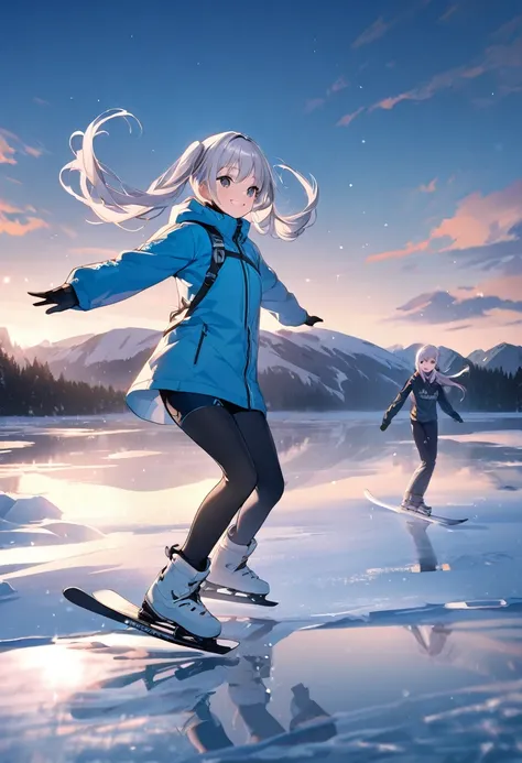  long silver hair 、beautiful girl with twin tails、smile、skate on an icy lake， spin and jump gracefully 。 exterior：The silvery hair that extends to the shoulders，Deep black eyes，Wearing blue clothes ， mix with a small amount of warm pink 。 nature：Vibrant an...