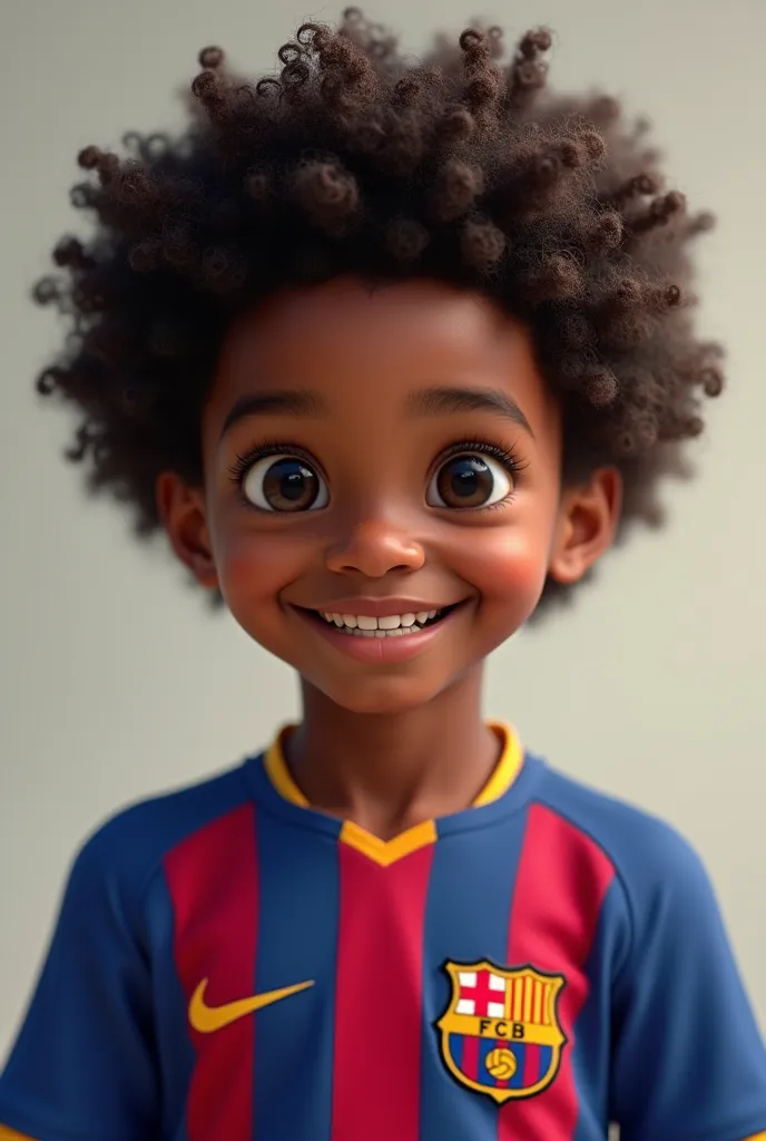 A black boy  with curly hair wearing the old Barcelona shirt