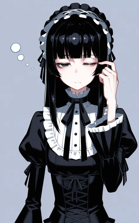 cool beauty, solo woman, black hair, [emaciated:1.3], sleepy, rest, lolita fashion, simple background, geometric, upper body,