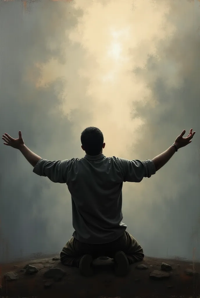 Oil portrait of the silhouette of a man kneeling with his arms outstretched and his hands open, his head upwards, looking at the sky.