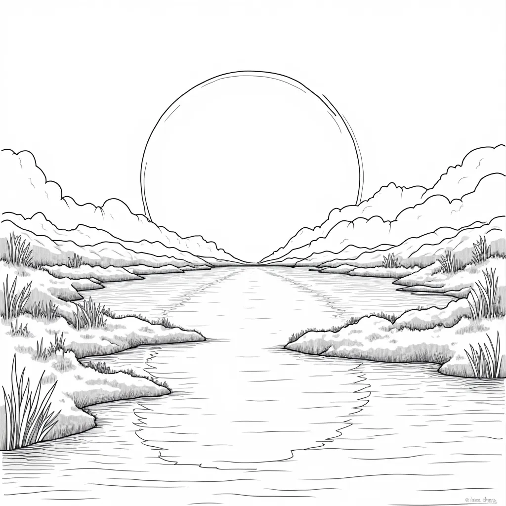 clean and precise line art , fantasy style coloring pages, a  lake that shows visions of the sun and moon, Make sure the lines are clean and smooth and the background is white. Perfect detail for coloring books, without shading or colors, with clean and de...