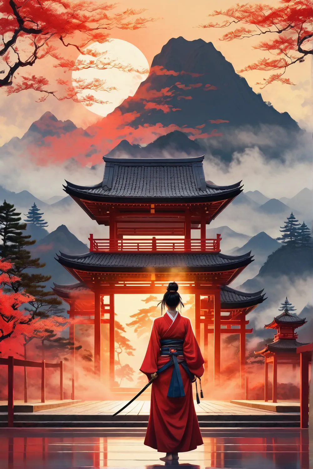 good night, Ink painting style, cool samurai woman with gold light red color, cool art, standing background temple japanese A world of peace, a thin smoke in the morning, realistic picture, A world of peace, a thin layer of smoke, watching over the world,(...