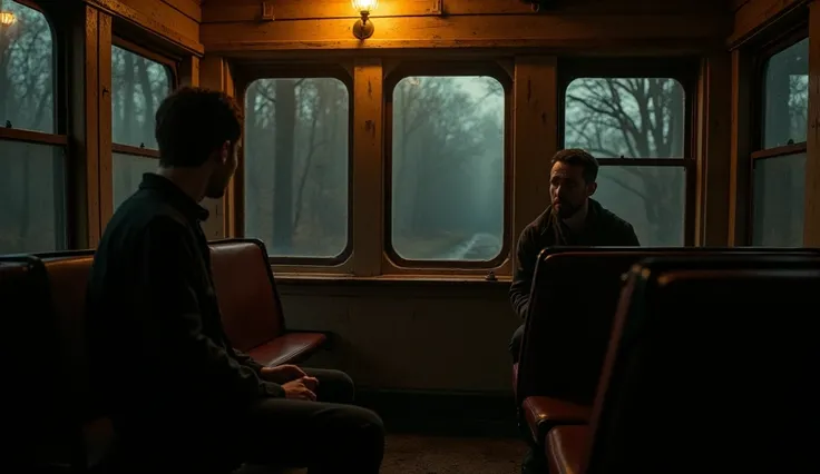 A man is sitting next to him in an old train carriage at night, his gaze ominously empty Outside the window there is a forest and night
