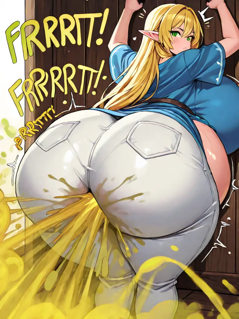 One curvy elf girl is farting big and obscene in a bar, shoulder length hair, golden hair, emerald eyes, unbelievably tall girl, blue tunic, white pants, carefree, unconcerned, slob, relaxed, standing, huge breast, huge butt, massive butt, giant butt, obsc...