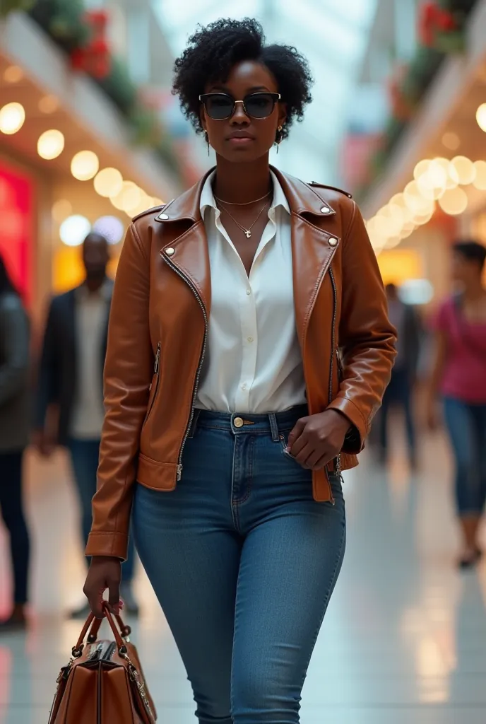 thicc ebony woman with a short black hair dressed in a white shirt and a leather brown jacket, wearing tight jeans and wearing sunglasses walking in the shopping mall