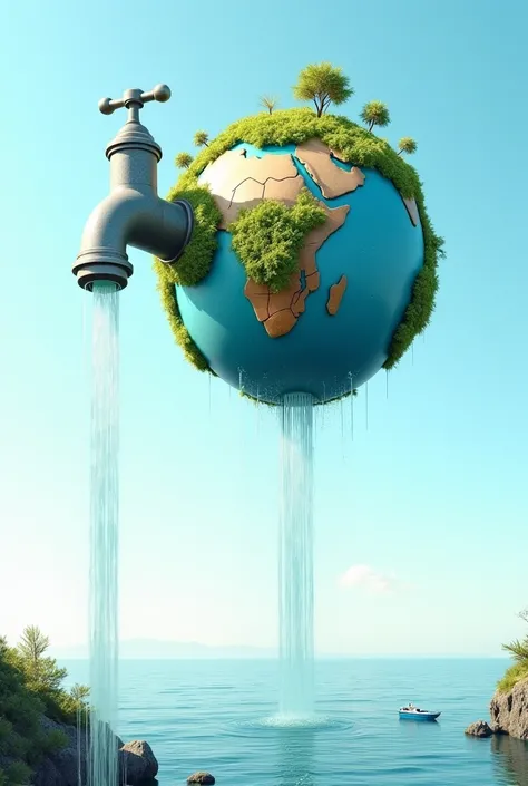 Earth balloon with plants and a large faucet next to the sea watering water on the front rod 