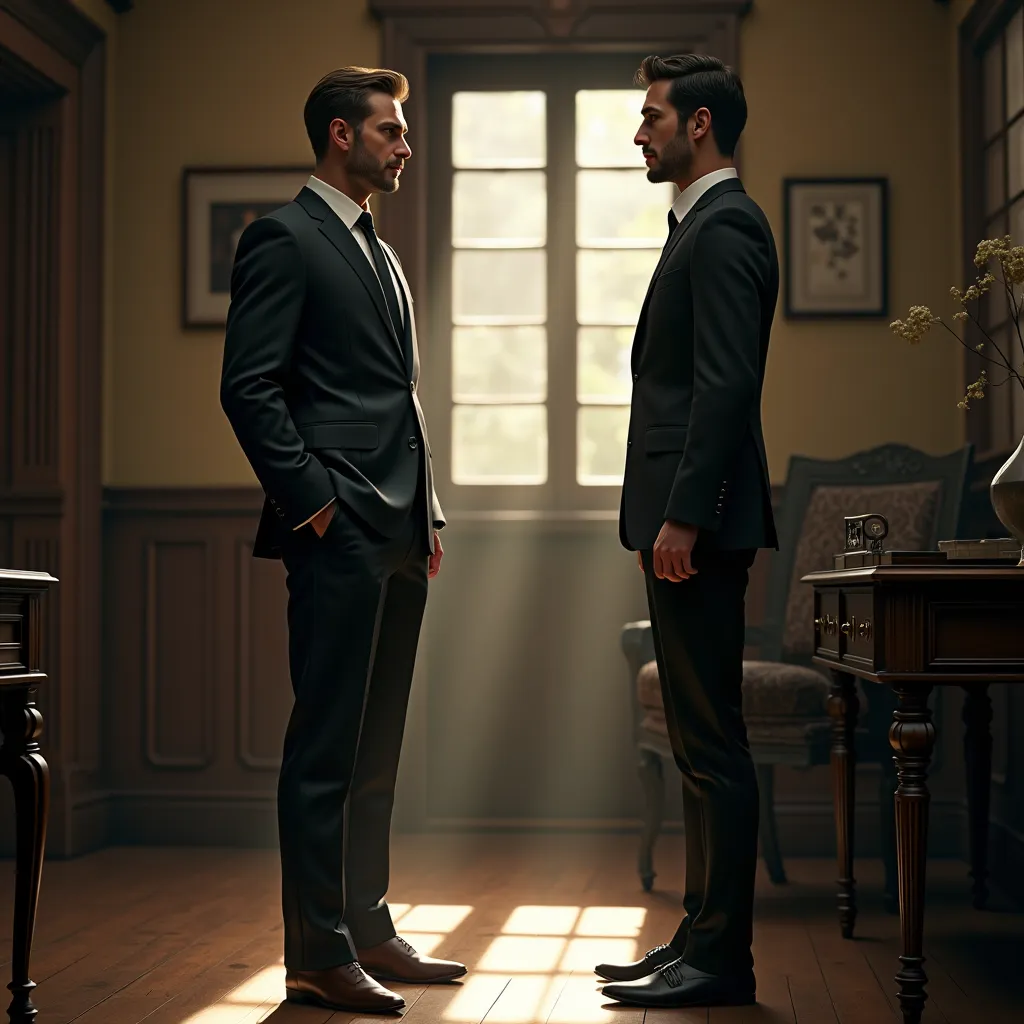 REALISTIC NINJA IN A SUIT TALKING TO YOUNG MAN IN REALISTIC OLD HOUSE IN HIGH DEFINITION