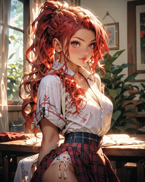 (blond hair),((detailed face)) , (natural saggy breast) ,(red eyes) ,(long straight hair), (ponytail hair) ,(fullbang hair) girl, ((sexy school uniform style cloth)) ,(offshoulder style cloth) , (plaid skirt), (white cloth) ,((detailed underwear)), in clas...