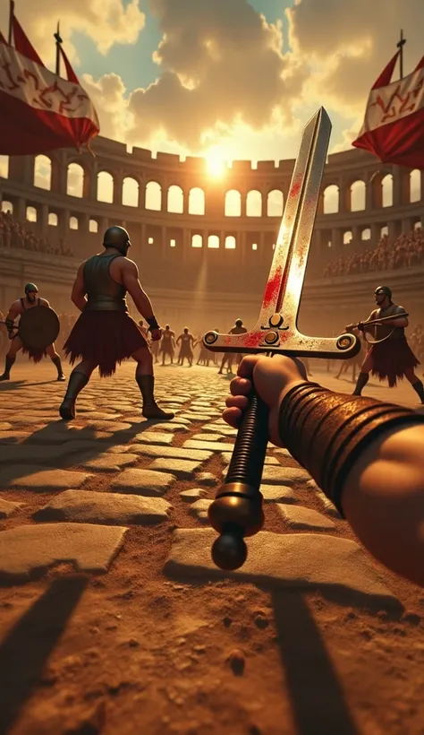 
From the first-person point of view of a gladiator in the Colosseum arena, holding a sword in one hand, and a shield in another. The scorching sun reflects off the blood-stained blades. Ahead, An opponent is preparing to attack. Other gladiators fighting ...