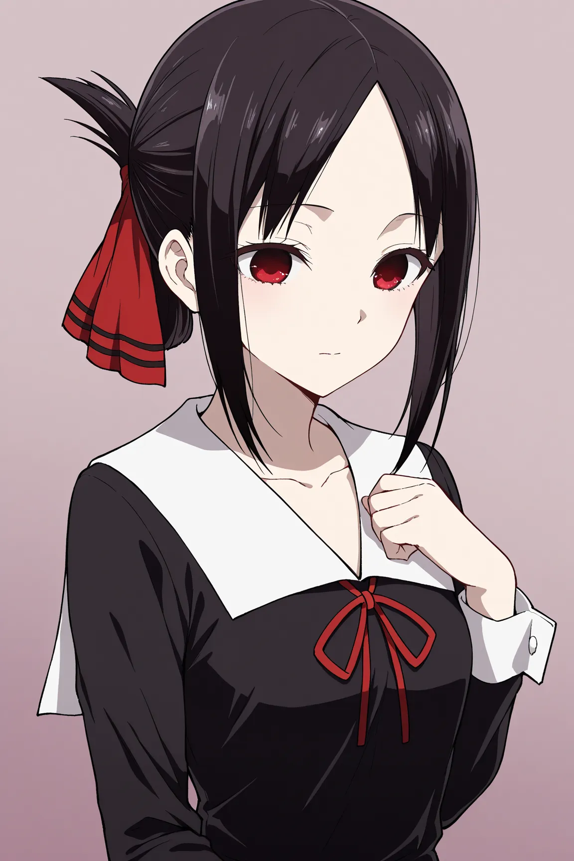 kaguya shinomiya, short hair, bangs, black hair, red eyes, hair ribbon, sidelocks, folded ponytail, parted bangs,
long sleeves, dress, ribbon, school uniform, collarbone, black dress, sailor collar, white sailor collar, red ribbon, neck ribbon, shuuchiin a...