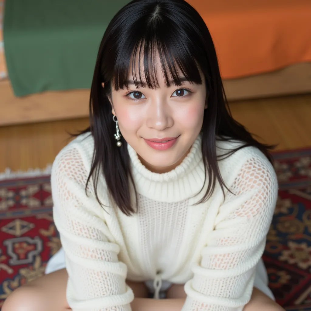 A Japanese woman sitting on a patterned rug with legs crossed, wearing a white, long-sleeved mesh-knit sweater. The background includes a bed with a green and orange blanket. The person has a calm and relaxed facial expression with eyes slightly closed and...