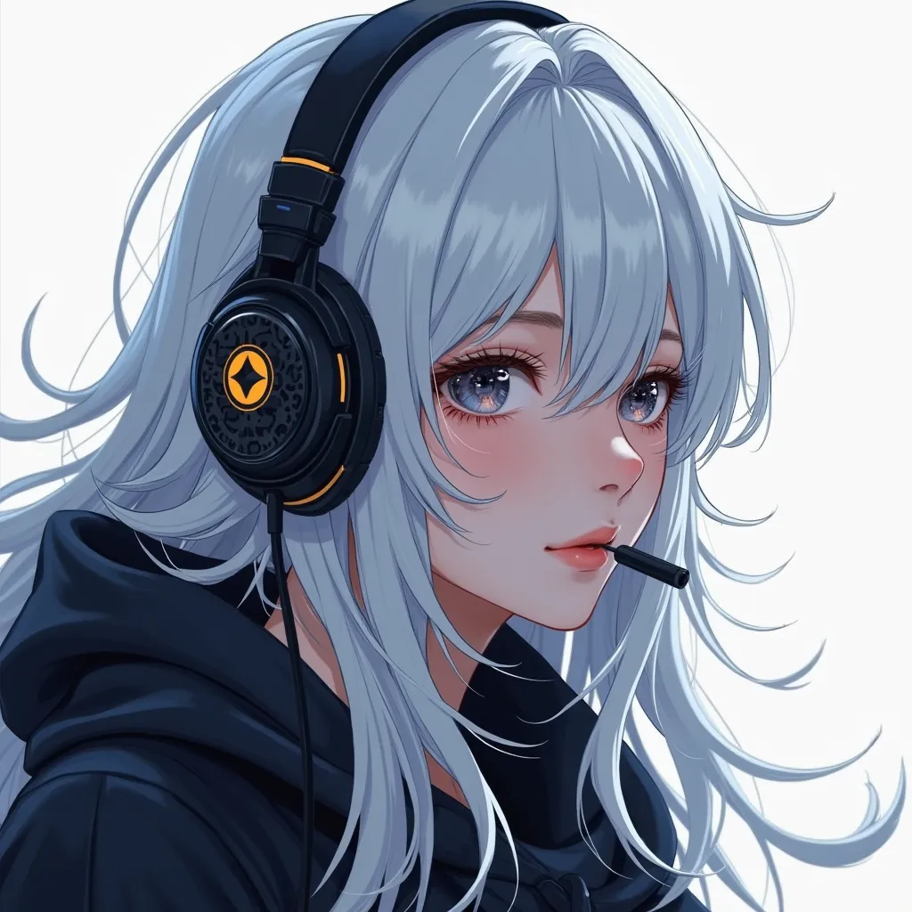 silver hair, long hair, gamer, Earphones, 2d,  European features 