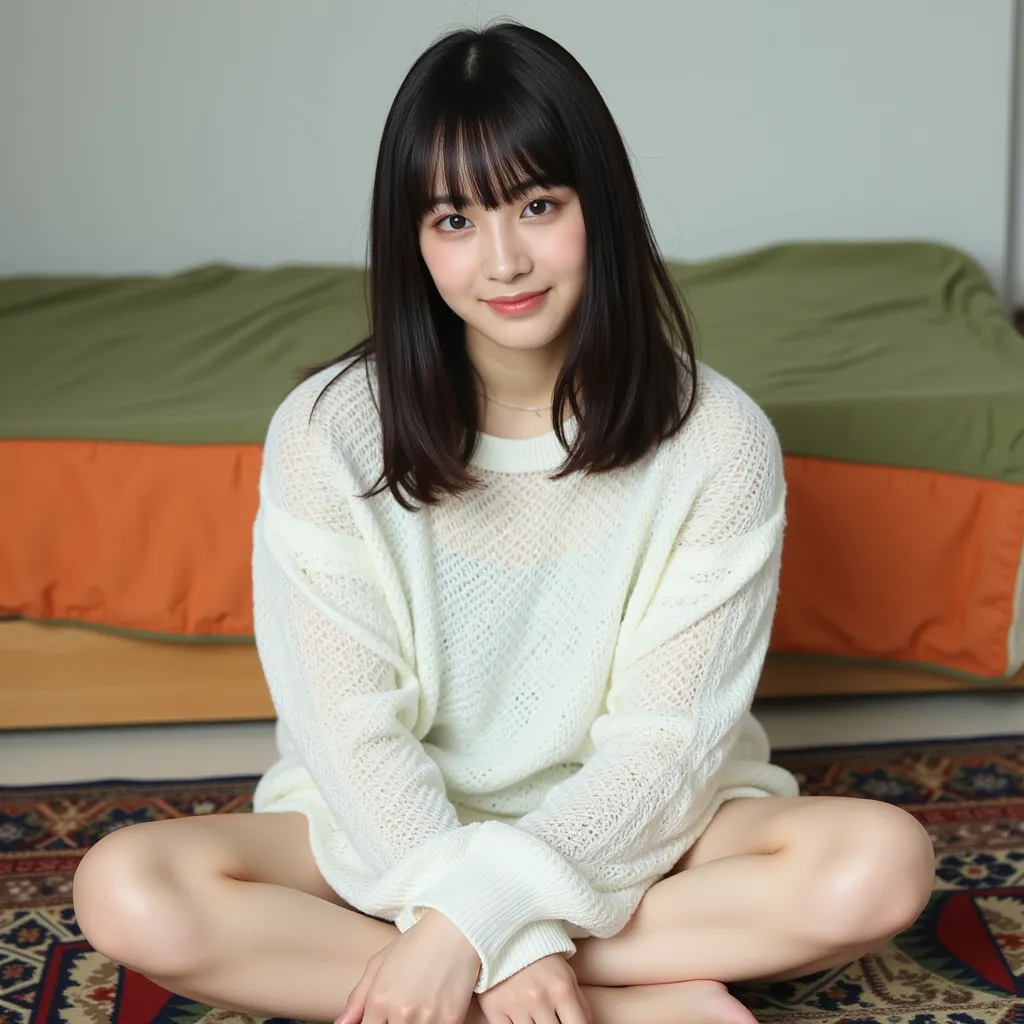 A Japanese woman sitting on a patterned rug with legs crossed, wearing a white, long-sleeved mesh-knit sweater. The background includes a bed with a green and orange blanket. The person has a calm and relaxed facial expression with eyes slightly closed and...