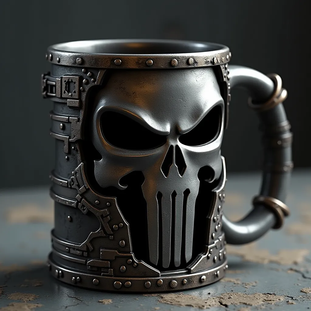 Create a realistic mug evoking the spectrum of The Punisher, fictional character from comic books. 

The mug is constructed from some metal, suggesting that it is stainless steel or some polished type.

The image has an obscure aesthetic, with a prominent ...