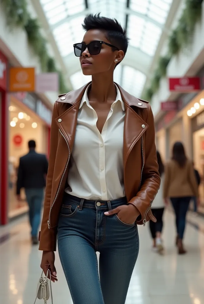  ebony woman with a short Pixie black hair dressed in a white shirt and a leather brown jacket, wearing tight jeans and wearing sunglasses walking in the shopping mall