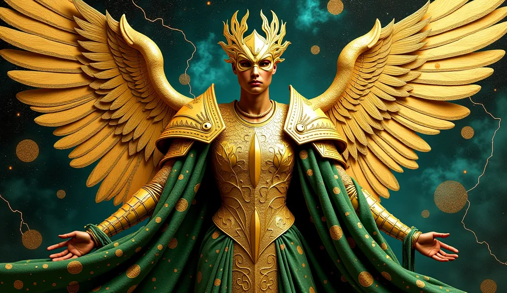 A Gustav Klimt-inspired angel in a dynamic battle stance, golden phoenix mask (#FFD700) gleaming, wings spread as geometric shields layered with peacock feather mosaics. Attire: Armored robe (#1A1A1A) with gold filigree of dragons (strength) and lightning ...