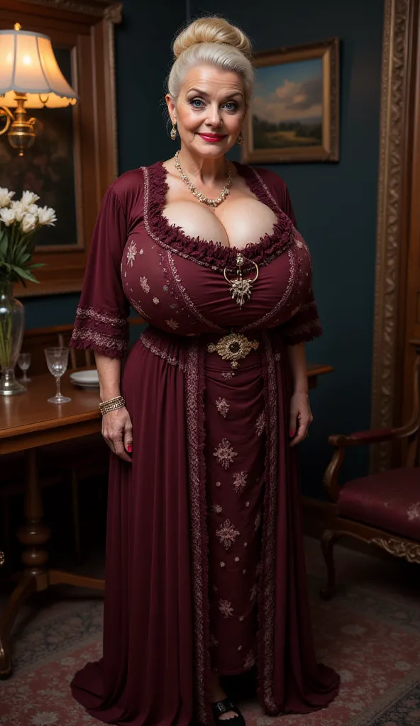 A 95-year-old (peroxide light blinde hair lush bun) sexy granny with a thick figure, wearing dark maroon luxurious dress with many ornaments and decorations and lace. huge breasts. Albino blonde eyebrows and lught blue eyes. Standing at a short, full-lengt...