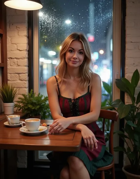 A candid yet refined photograph of a beautiful woman with warm light-brown hair featuring subtle golden highlights. Her long, straight hair is slightly wavy at the ends, falling freely over her shoulders. She has soft facial features, including expressive ...