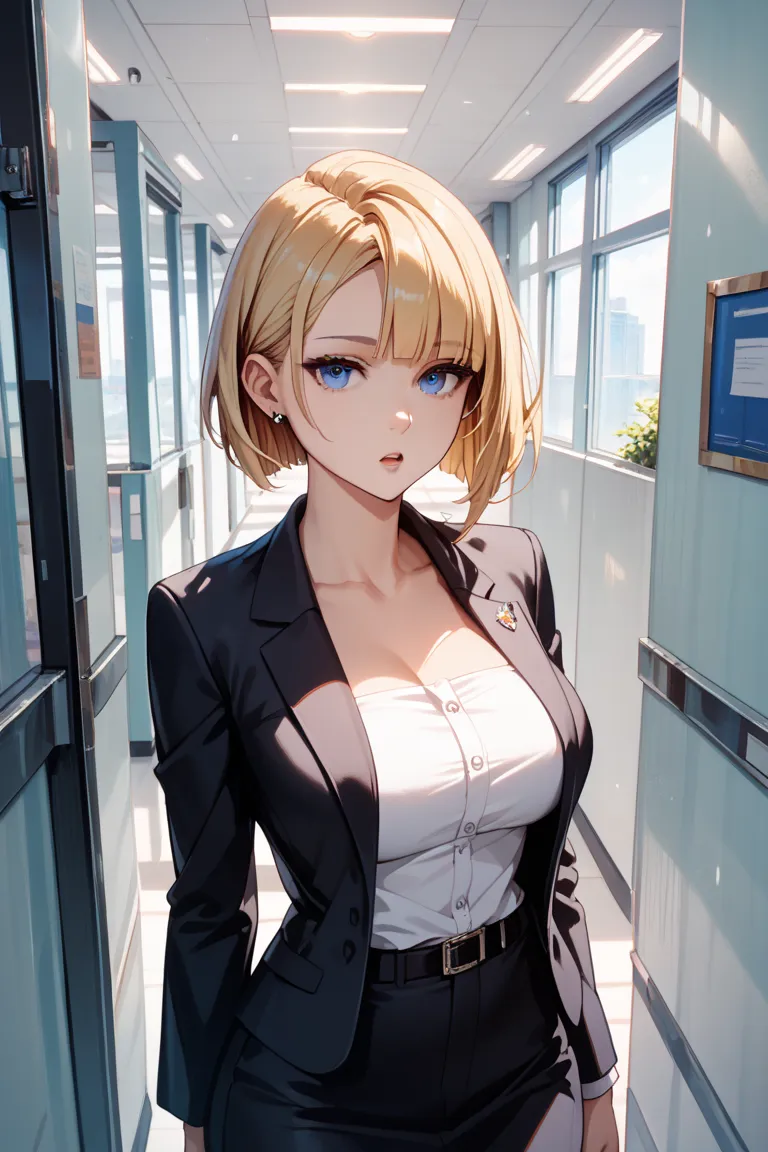 (masterpiece, best quality, ultra-detailed, 8K resolution: 1.2), Woman,office corridor, voluptuous,(black business suit:1.2),tube top, expressionless,blue eyes,side parted hairstyle,blonde hair,asymmetrical bob hair,open mouth, standing