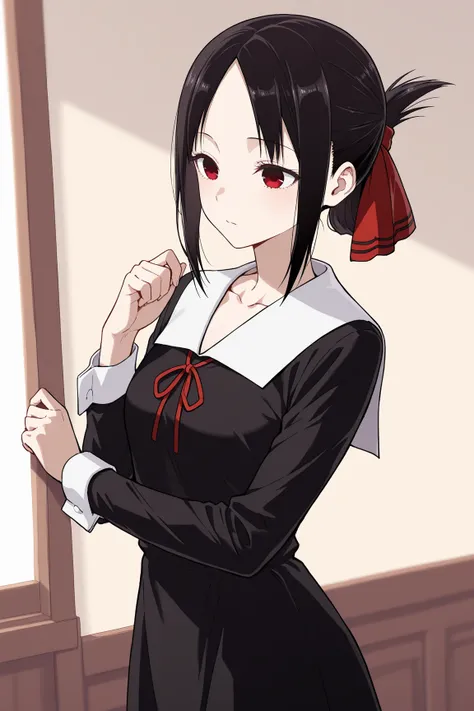 kaguya Shinomiya, short hair, bangs, black hair, red eyes, hair ribbon, sidelocks, folded ponytail, parted bangs,
long sleeves, dress, ribbon, school uniform, collarbone, black dress, sailor collar, white sailor collar, red ribbon, neck ribbon, shuuchiin a...