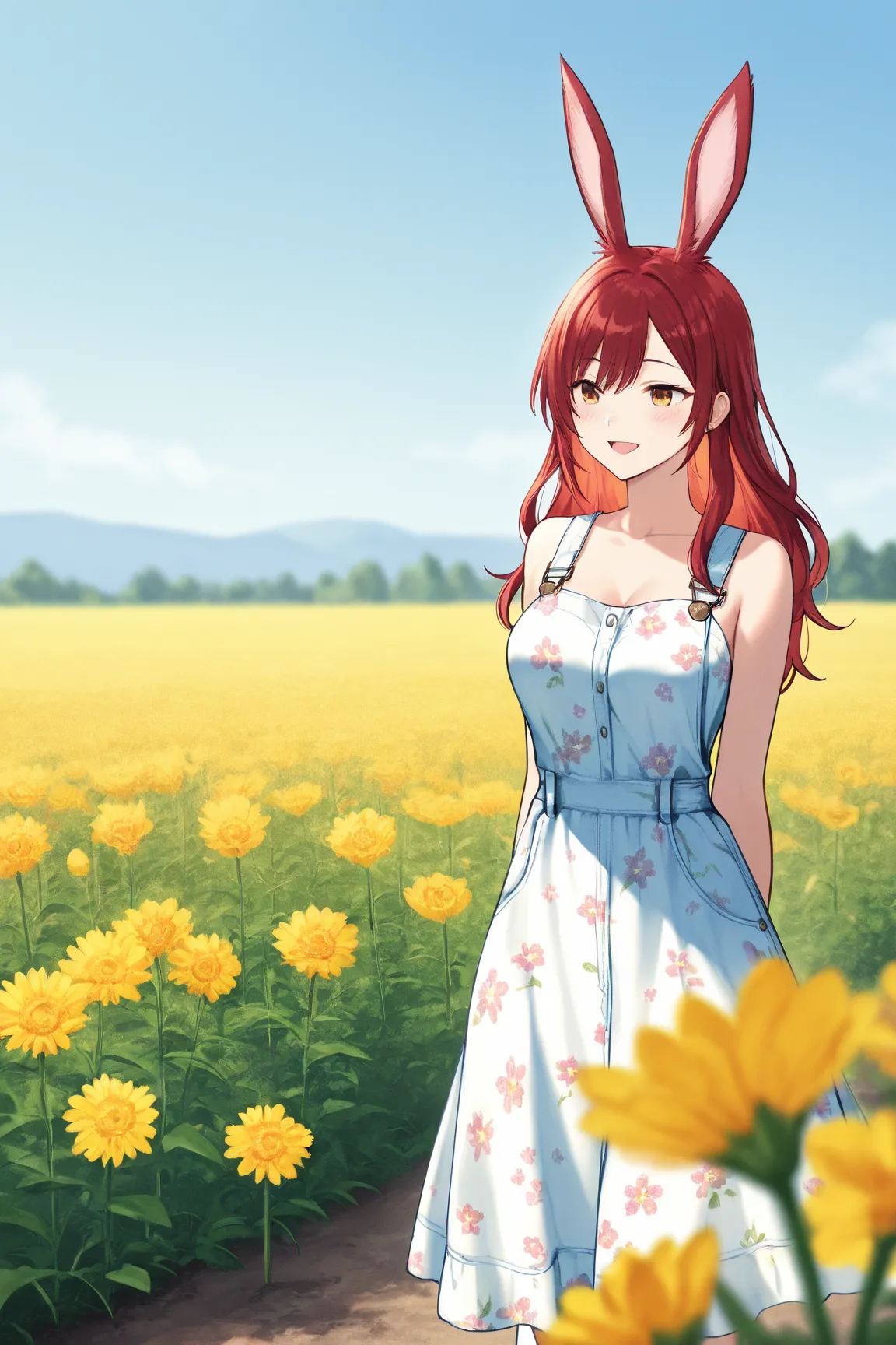 Mature bunny woman, ears upright in a sundress frolicking through a field of wildflowers on a sunny day red hair vibrant floral print