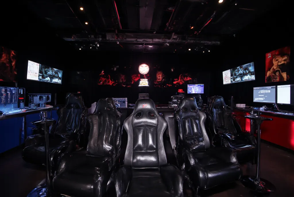 Full panoramic view of scene from below, RAW amateur selfie photo, high resolution, ((Five chairs set, 5 chairs, huge inflated shiny racing gaming style seat made of shiny black rubber-latex))), (frontal view, front view only:1.9), the texture of the set r...