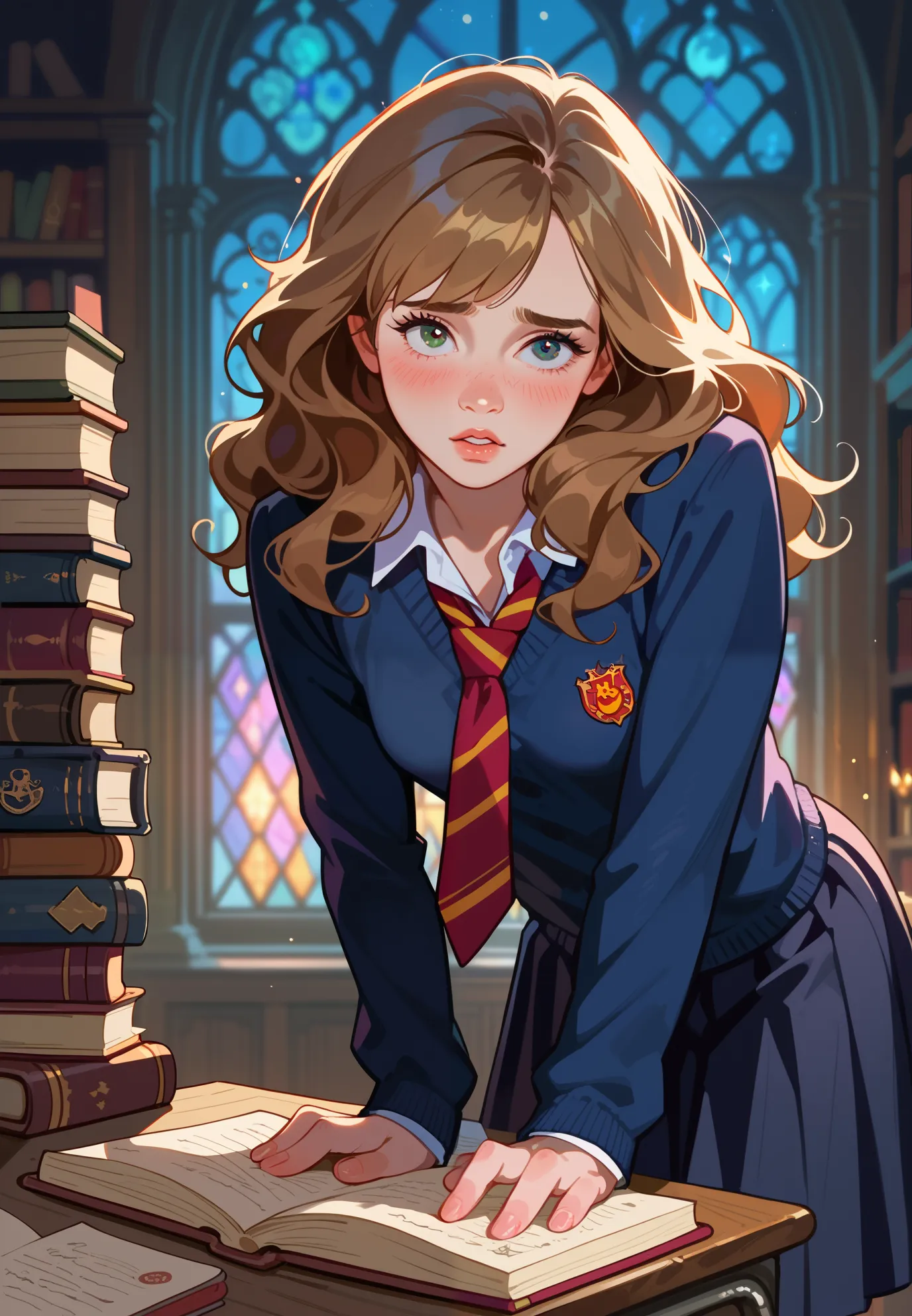 1girl, solo, Hermione Granger, Harry Potter, shy, hogwarts school uniform, parted lips, naturally sagging small breasts, blush, skirt, bent over a desk, sexy pose, BREAK, magical study filled with bookshelves, (night time:1.2), cinematic lighting, nsfw,