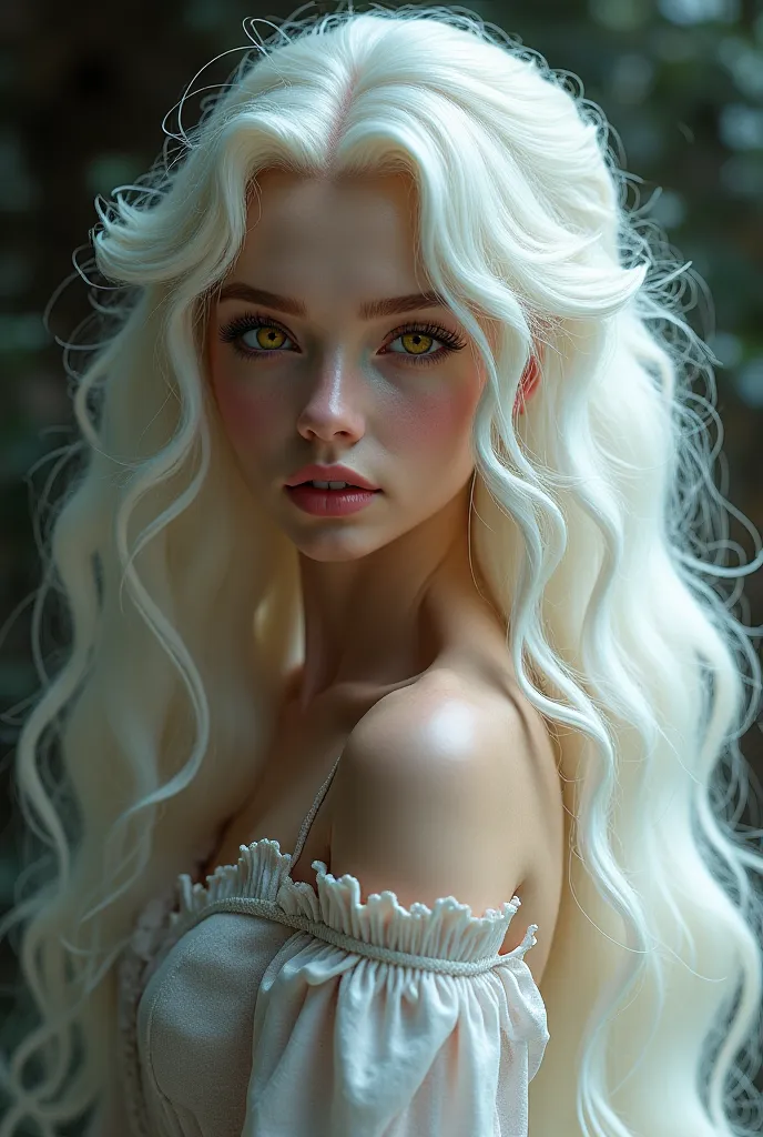 
• Hair : long, with voluminous curls,  Snow white . 

• Eyes: golden, but with a disquieting glow, as if there were an abyss inside them. 

• Skin : pale, with a pearlescent tint that stands out from the ordinary holidays. 

 • Brands : Scars hidden every...